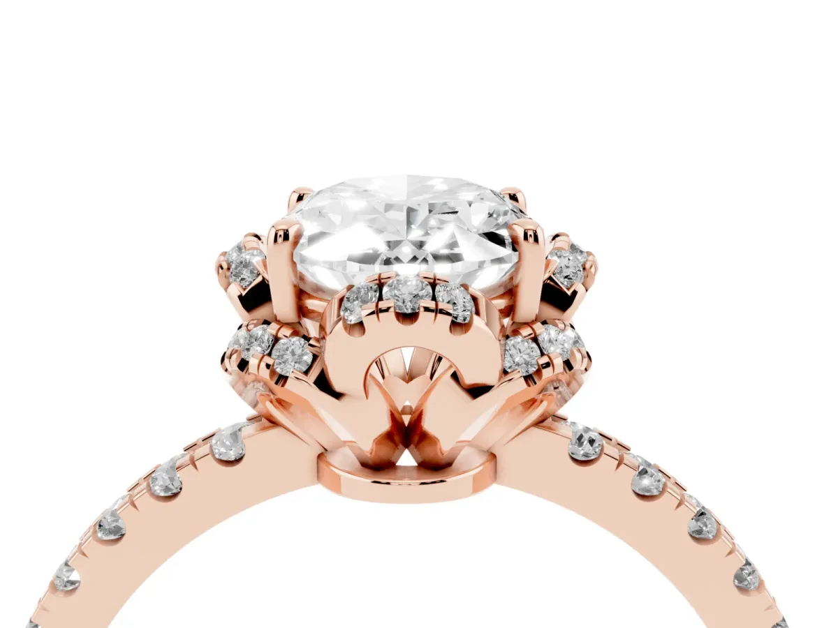 Oval Cut Diamond Halo Pave Band with Four-Prong Setting Rose gold