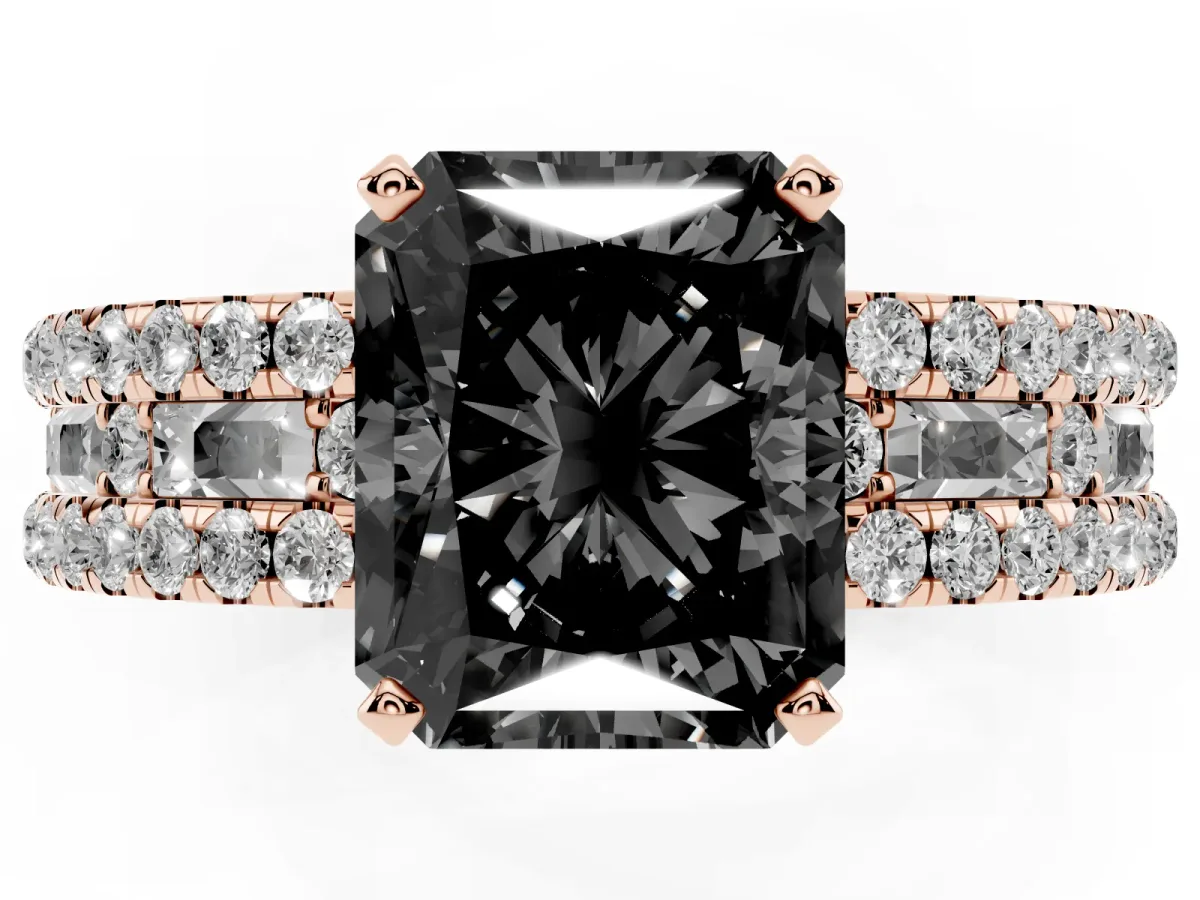 Fancy Black Radiant Cut Diamond Solitaire Ring with Pavé and Channel Set Band Rose gold