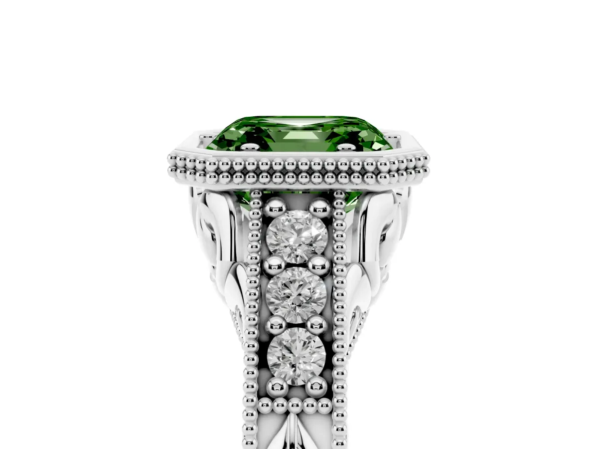 Fancy Green Bezel Set Asscher Cut Diamond Milgrain Pave Engagement Ring Silver