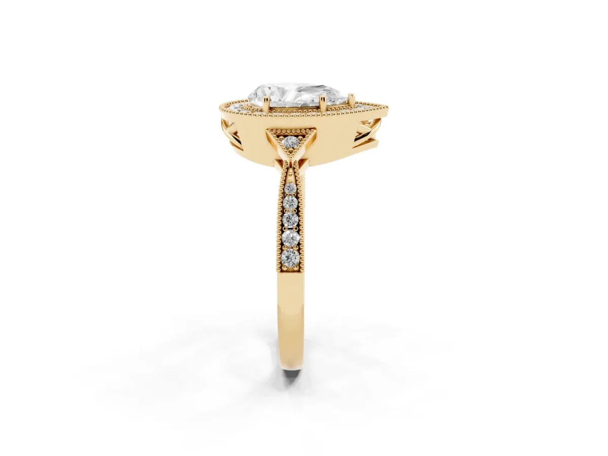 Pear Cut Halo Round Diamond Milgrain Pave Engagement Ring Yellow gold