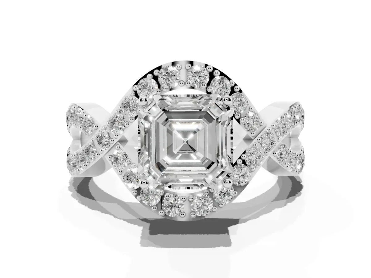 Asscher Cut Solitaire Twist Band Pavé Diamond Engagement Ring Silver
