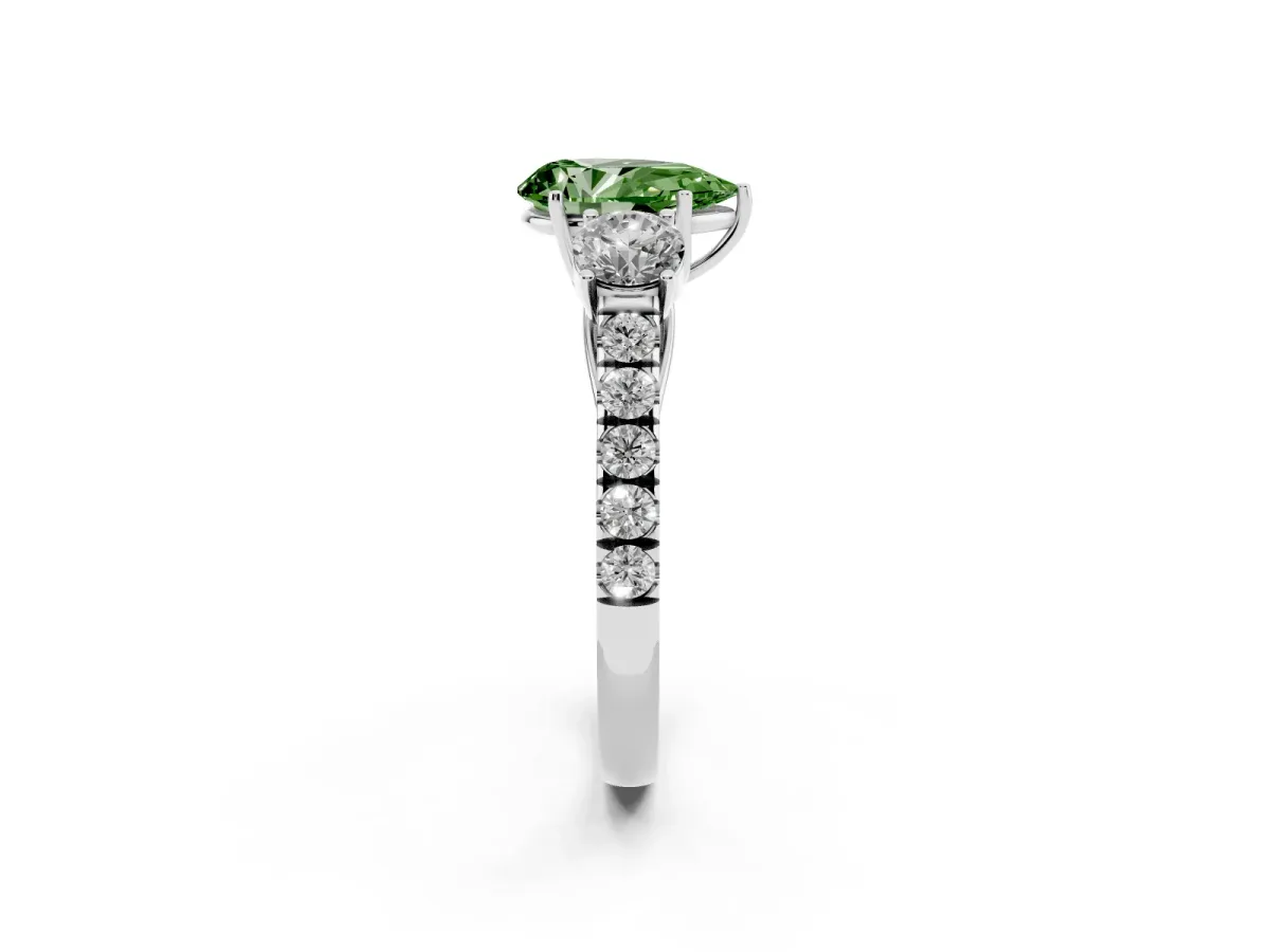 Fancy Green Pear Cut Cut Diamond Three-Stone Ring with Round Side Stones and Pavé Band Platinum