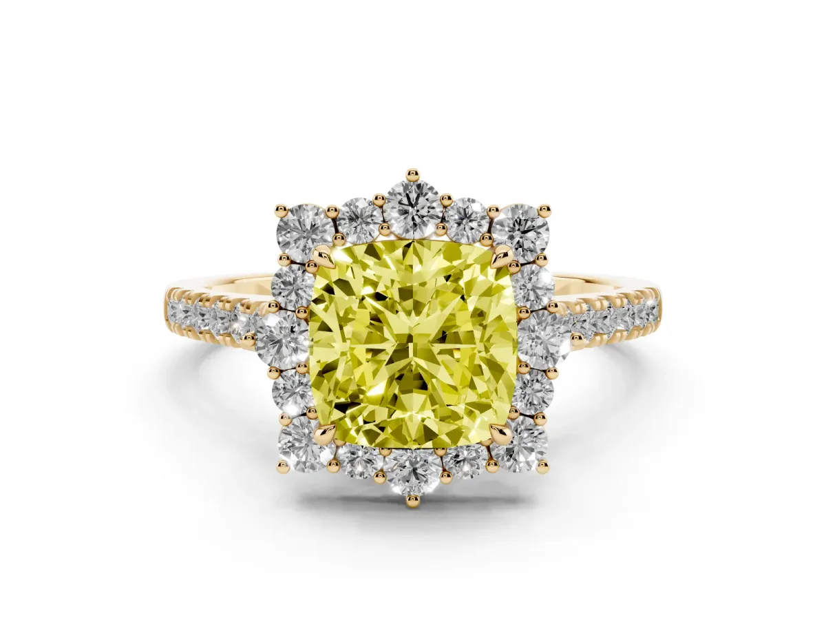 Fancy Yellow Cushion Cut Halo Diamond Ring with Pavé Band and Prong Setting Yellow gold