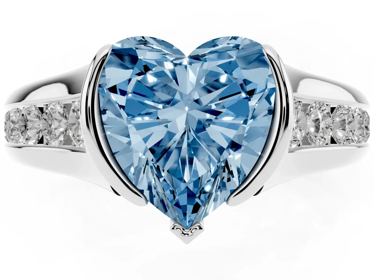 Fancy Blue Heart Cut Solitaire Bezel-Set Diamond Ring with Channel-Set Band Silver