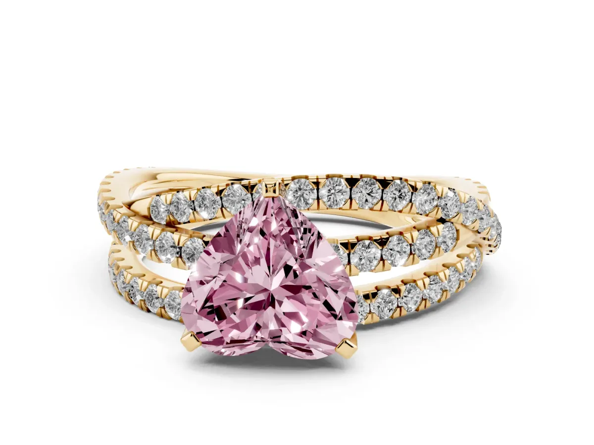 Fancy Pink Heart Cut Solitaire Twist Band with Pavé Setting and Four-Prong Setting Yellow gold
