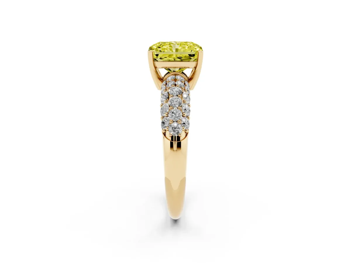 Fancy Yellow Radiant Cut Diamond Pavé Band Solitaire Ring with Four-Prong Setting Yellow gold