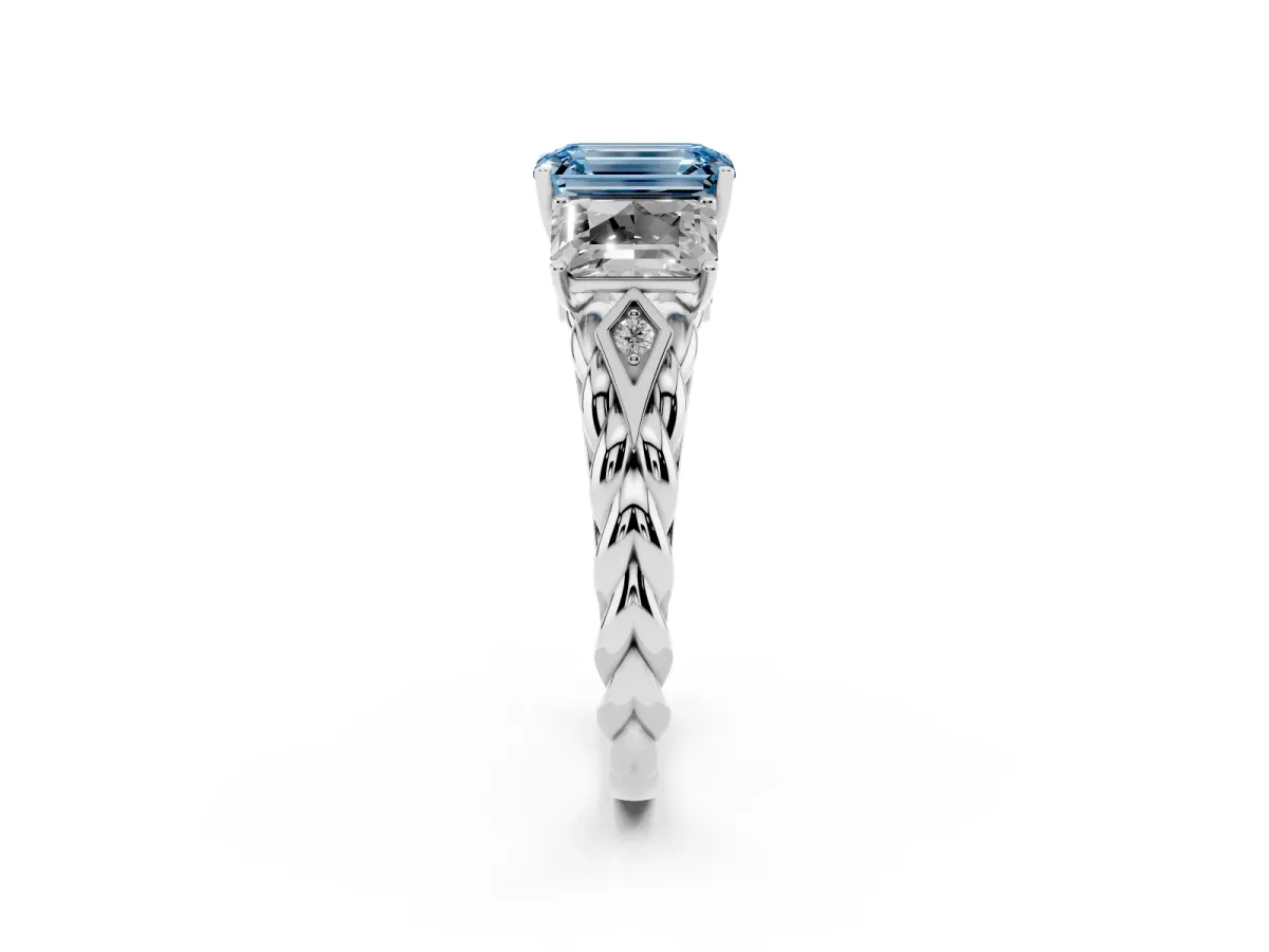Fancy Blue Three-Stone Emerald Cut Diamond Braided Band Ring with Four-Prong Setting Platinum