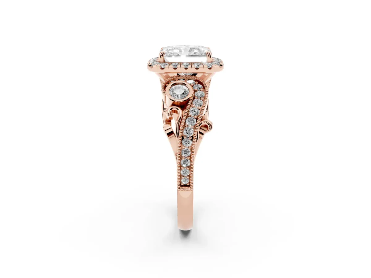 Radiant Cut Halo Diamond Ring with Milgrain and Bezel Accents on a Split Shank Band Rose gold