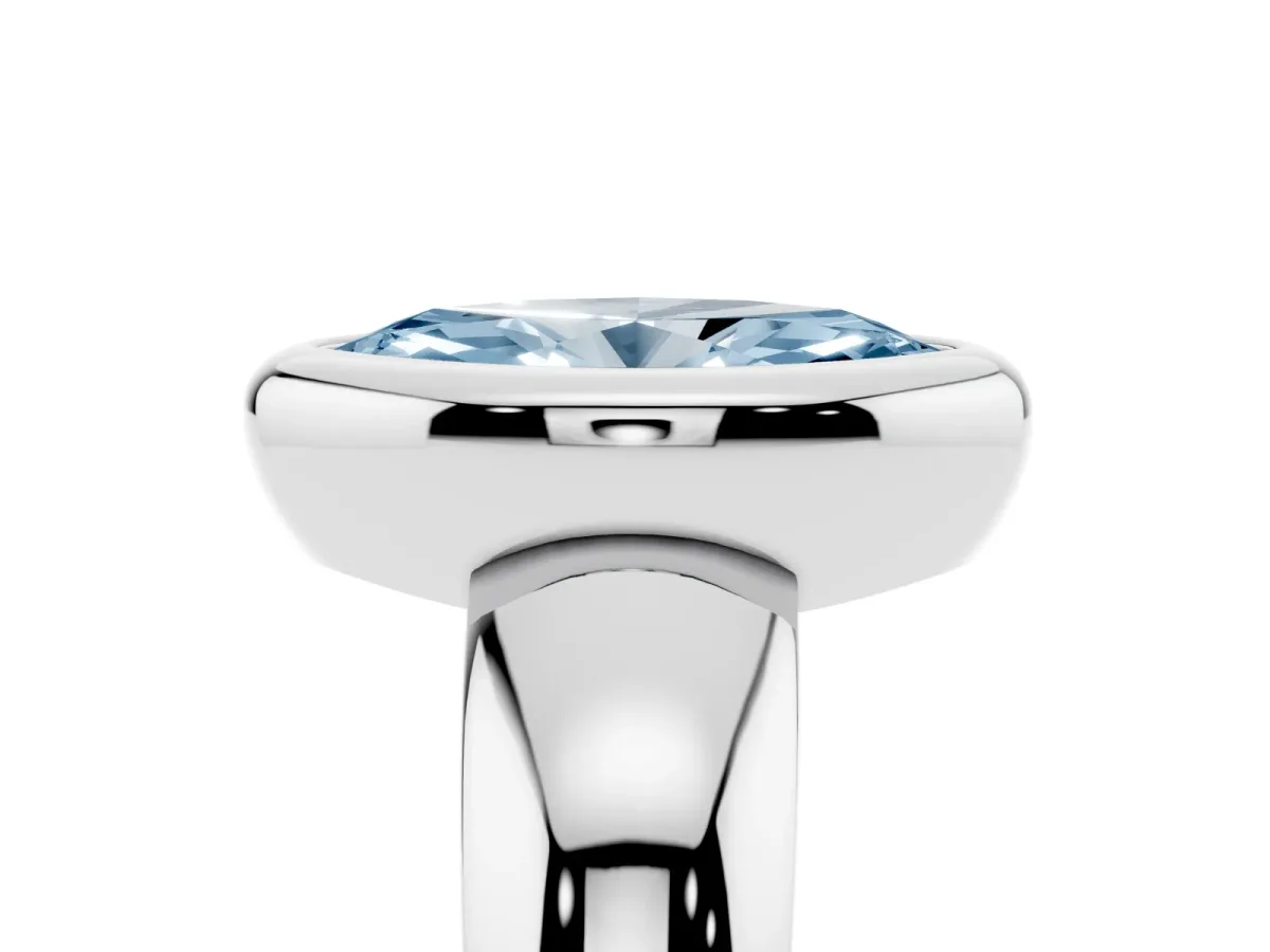 Fancy Blue Bezel Set Marquise Cut Solitaire Ring with Wide Band White gold