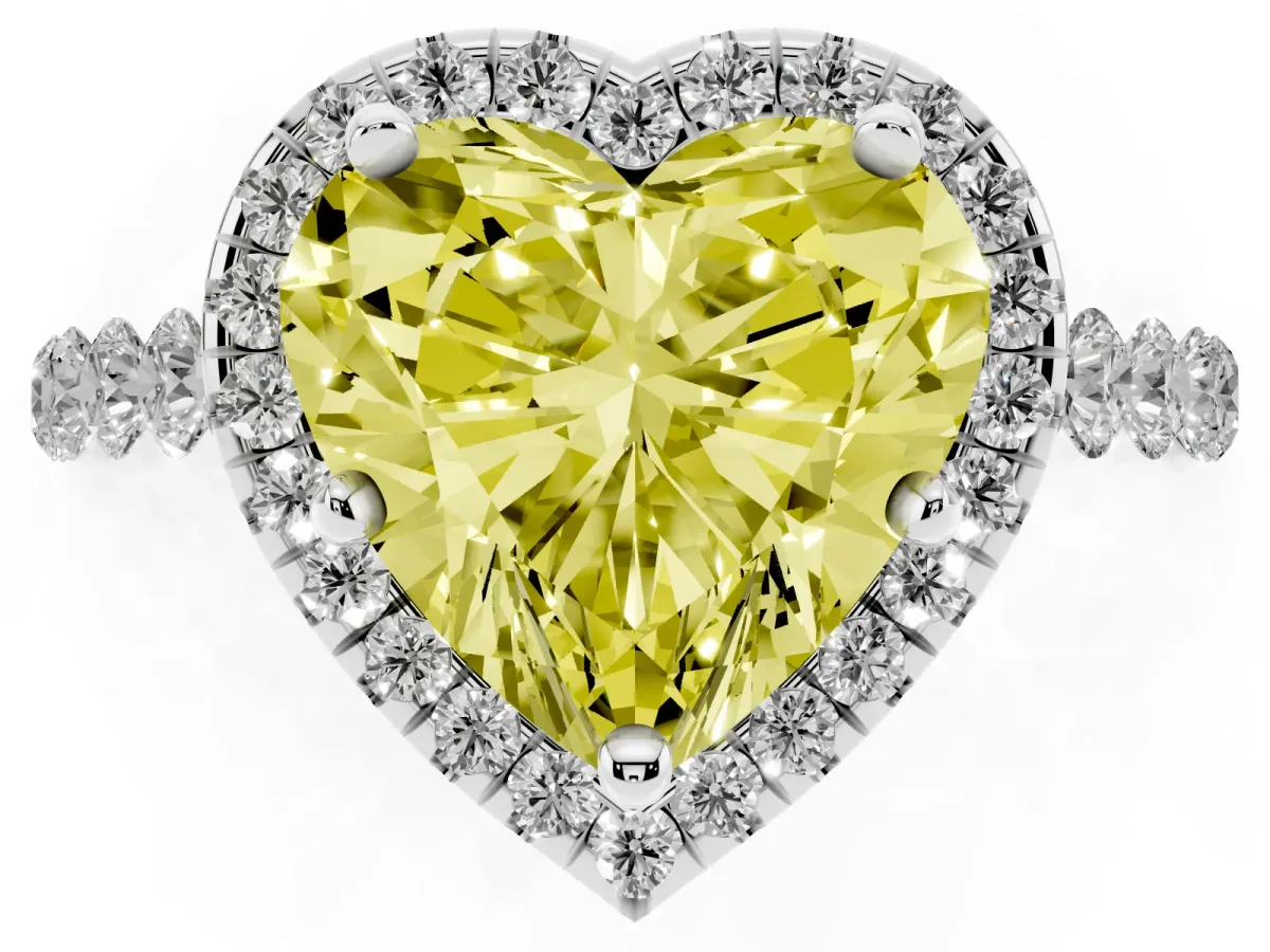 Fancy Yellow Heart Cut Halo Pavé Diamond Engagement Ring with Four-Prong Setting White gold