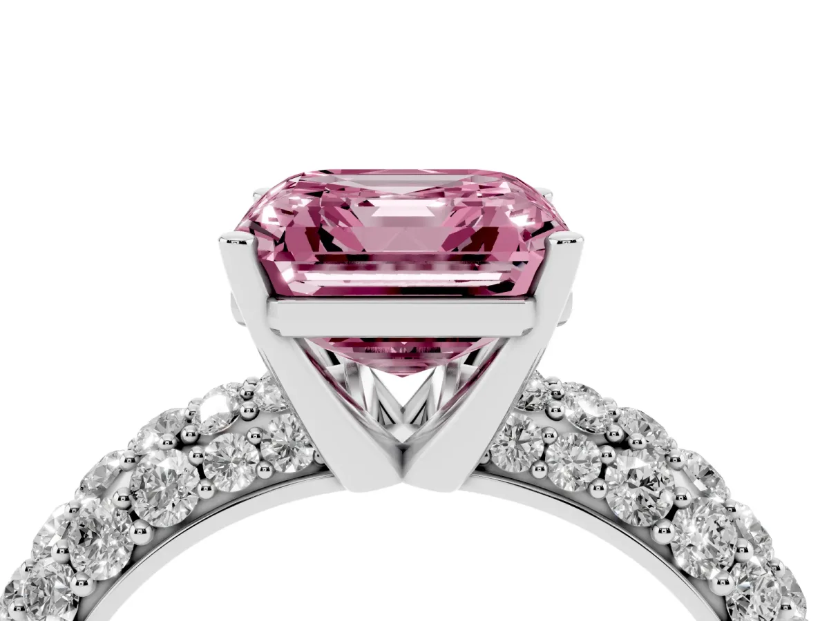 Fancy Pink Asscher Cut Diamond Pavé Band Solitaire Ring with Four-Prong Setting Platinum