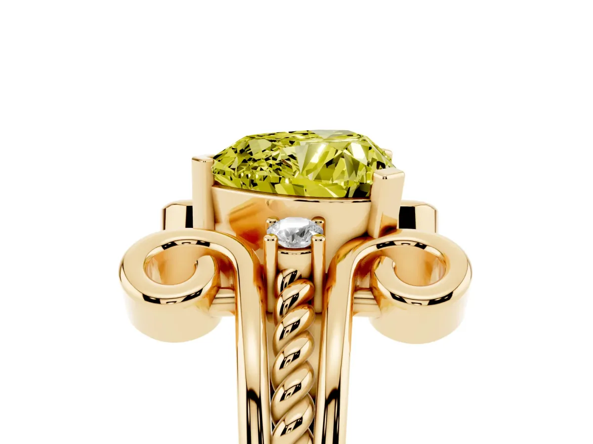 Fancy Yellow Heart Cut Solitaire Twisted Band Scroll Prong Ring Yellow gold