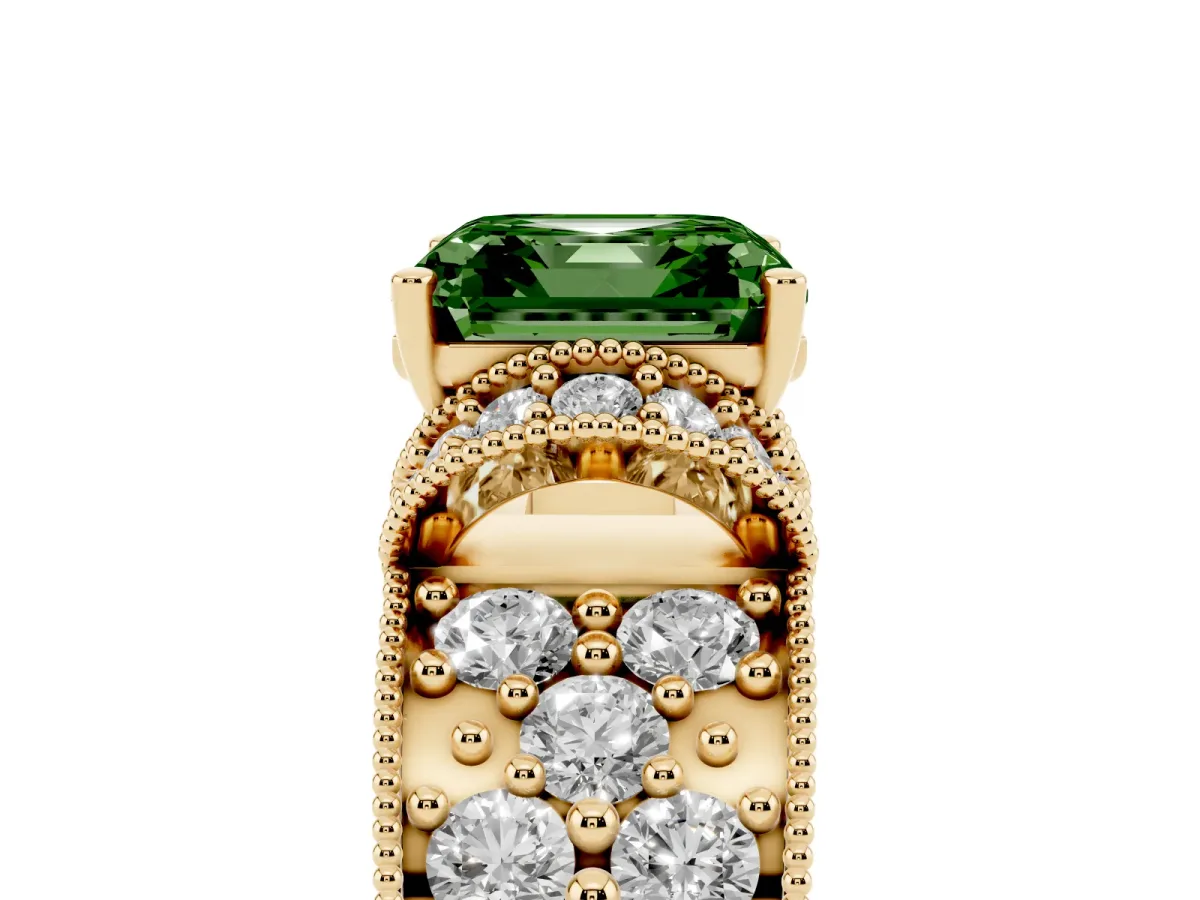 Fancy Green Asscher Cut Halo Pave Diamond Engagement Ring with Milgrain Detailing Yellow gold