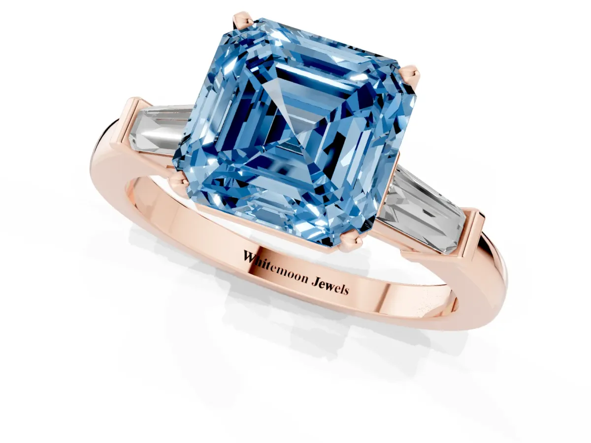 Fancy Blue Asscher Cut Cut Diamond Solitaire Ring with Tapered Baguette Accents and Four-Prong Setting Rose gold