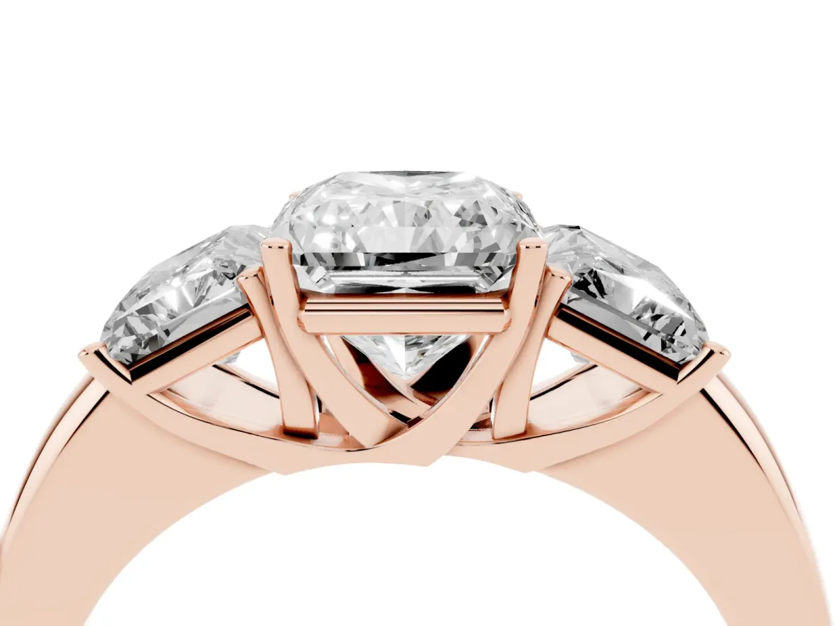 Radiant Cut Diamond Three-Stone Ring with Four-Prong Setting and Classic Band Rose gold