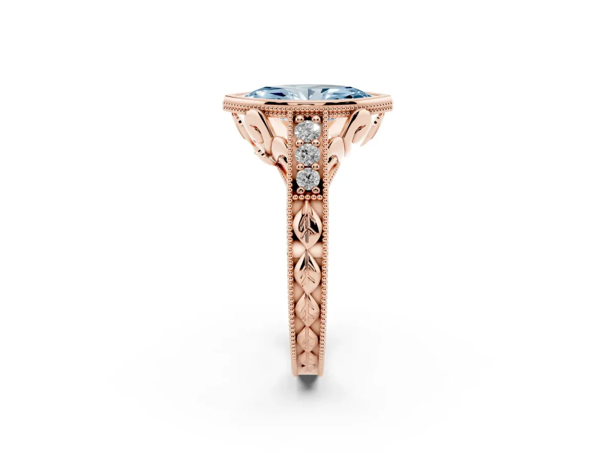 Fancy Blue Bezel Set Marquise Cut Diamond Milgrain Pave Engagement Ring Rose gold