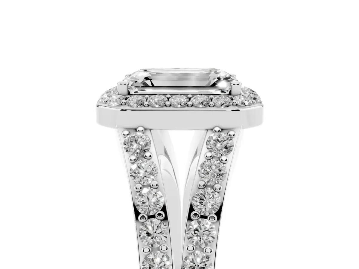 Emerald Cut Diamond Split Shank Halo Ring with Four-Prong Setting Platinum