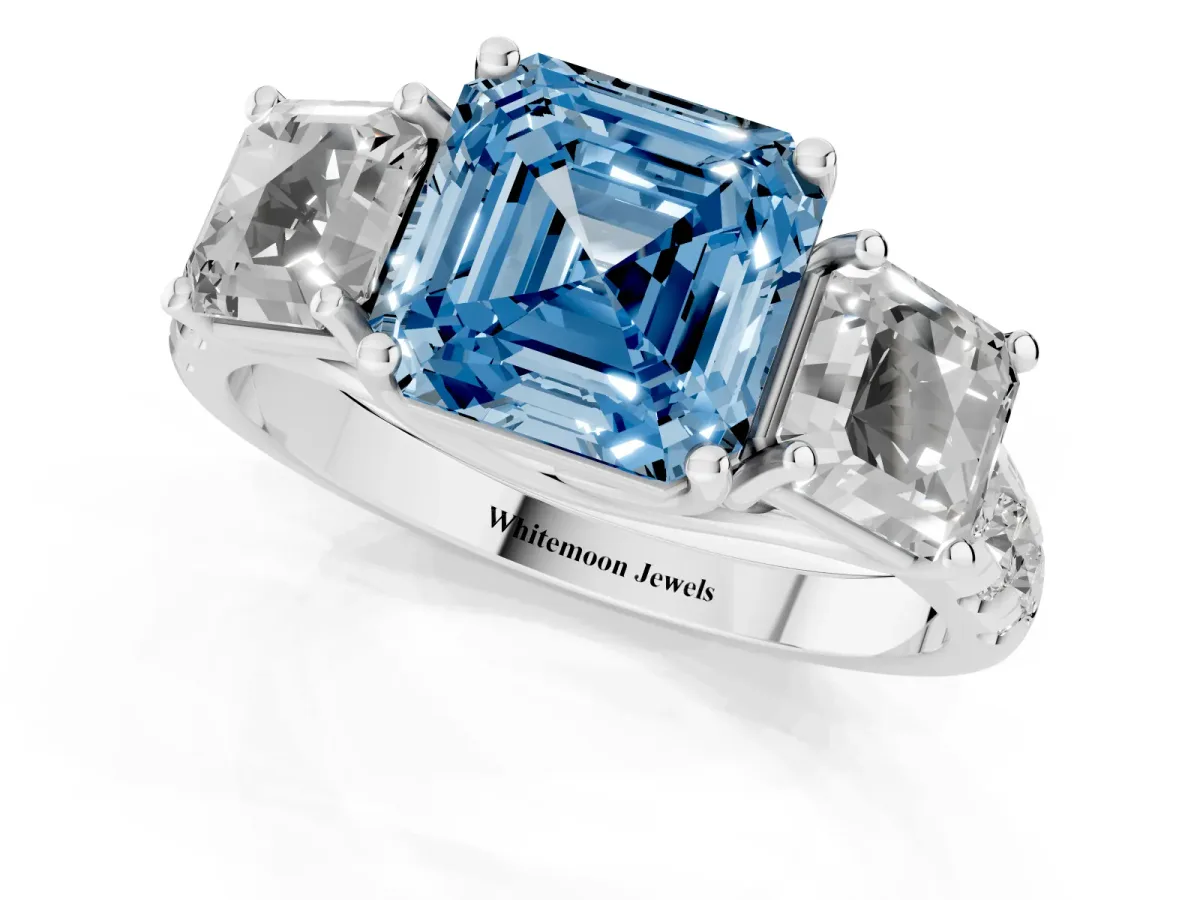 Fancy Blue Three-Stone Asscher Cut Diamond Pavé Band with Prong Setting Silver