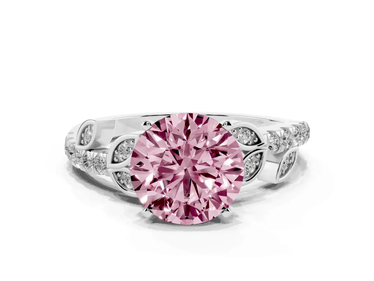 Fancy Pink Round Cut Solitaire Leaf-Inspired Diamond Ring with Pavé Band and Four-Prong Setting Silver