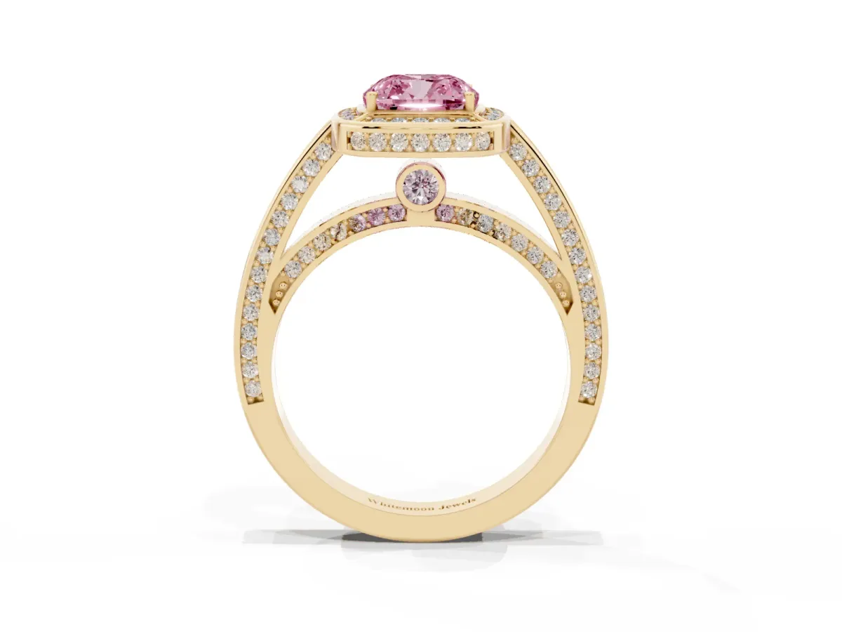 Fancy Pink Cushion Cut Cut Halo Pave Split Shank Prong Setting Ring Yellow gold