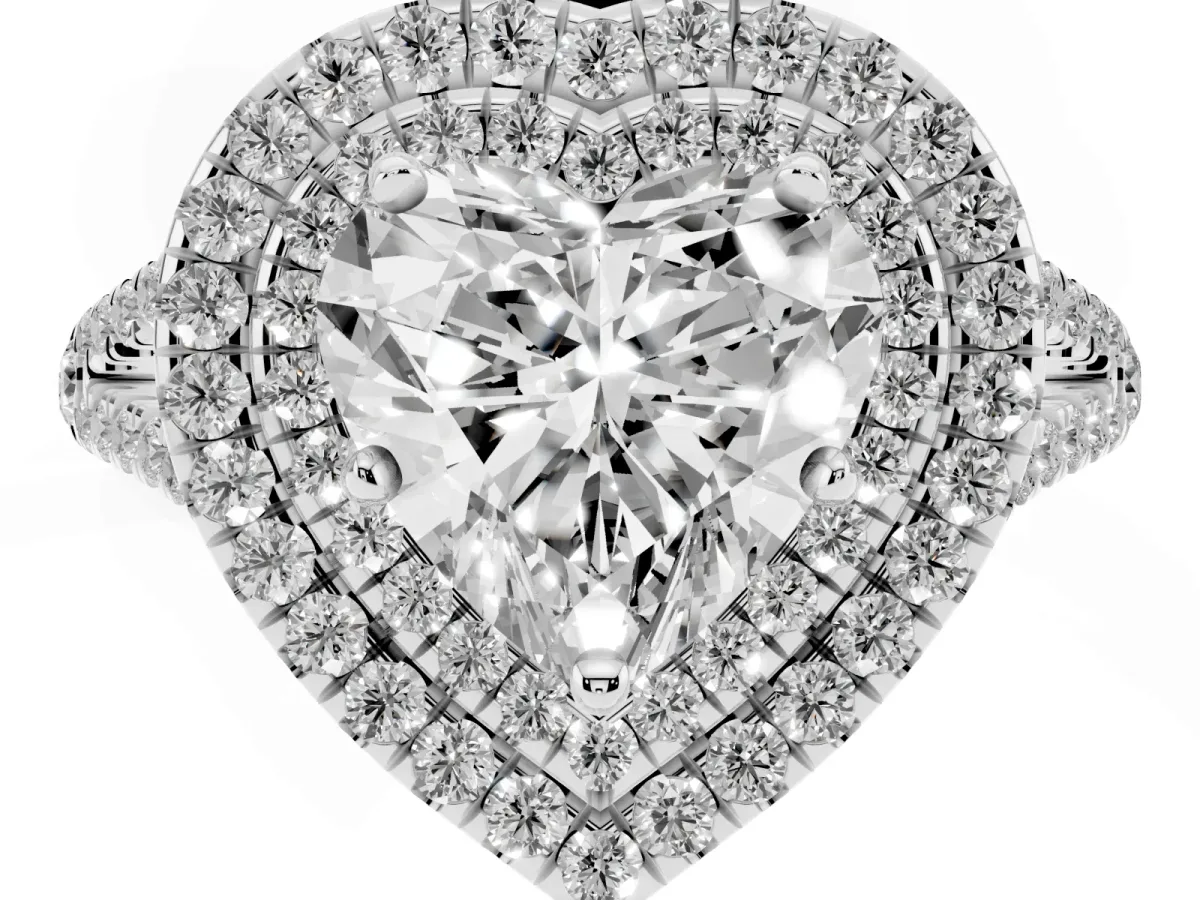 Heart Cut Diamond Double Halo Ring with Pavé Band and Prong Setting White gold