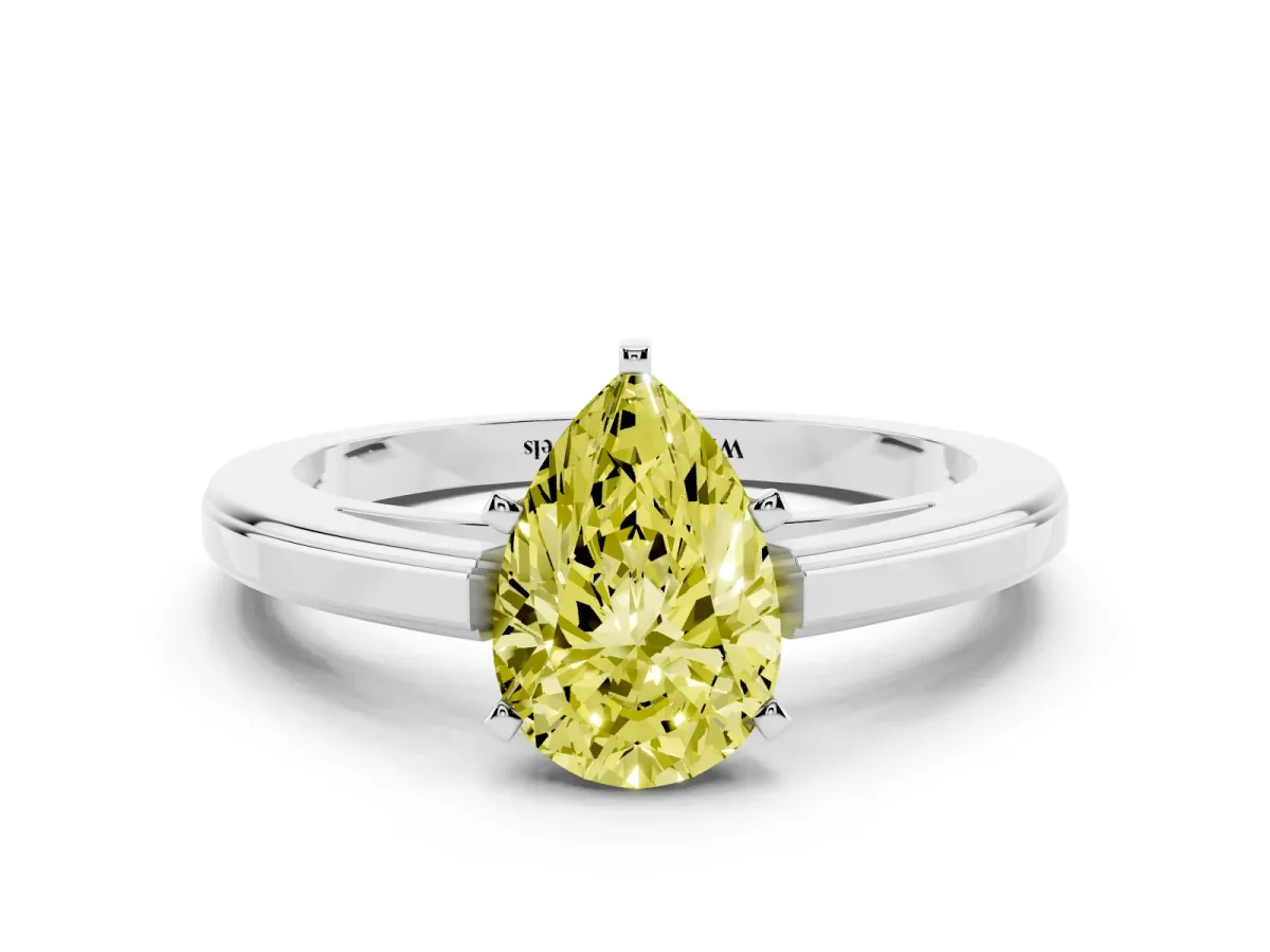 Fancy Yellow Pear Cut Solitaire Diamond Ring with Four-Prong Setting and Classic Band Platinum