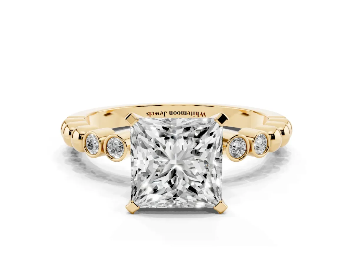 Princess Cut Solitaire Bezel Accent Diamond Engagement Ring with Beaded Band and Four-Prong Setting Yellow gold