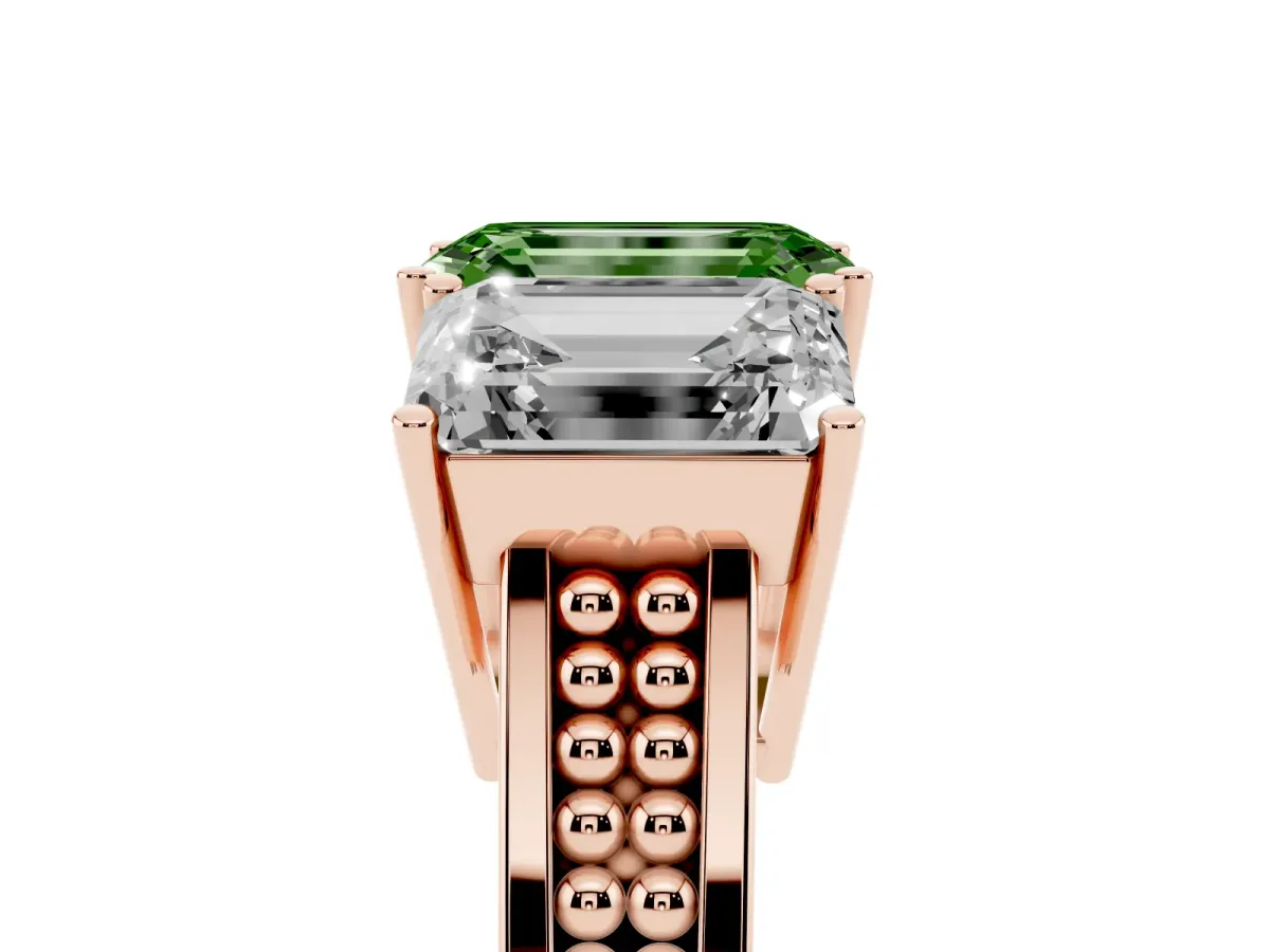 Fancy Green Emerald Cut Diamond Three-Stone Ring with Prong Setting and Textured Band Rose gold