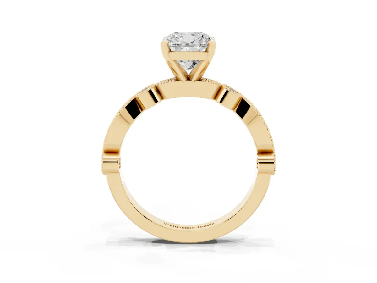 Cushion Cut Milgrain Bezel Diamond Engagement Ring with Solitaire Prong Setting Yellow gold