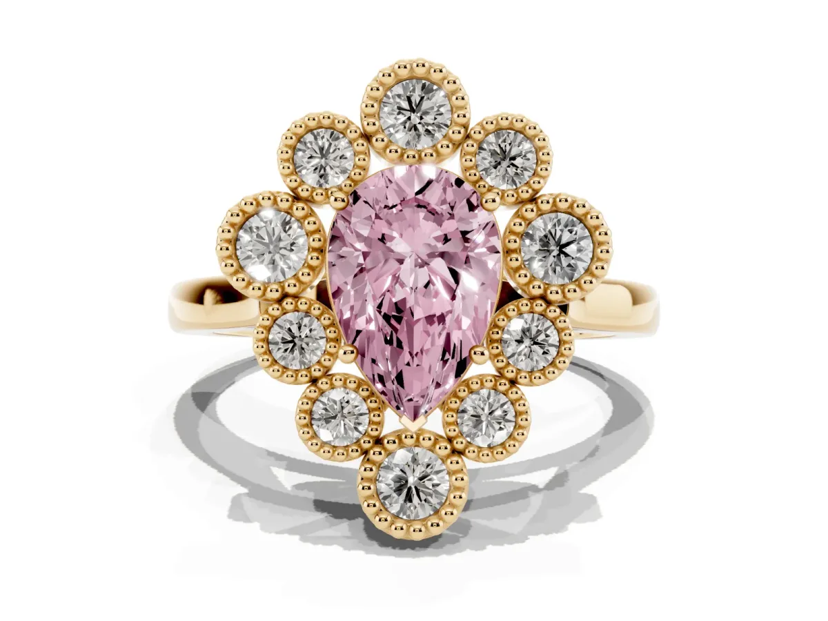 Fancy Pink Pear Cut Halo Diamond Cluster Engagement Ring with Milgrain Bezel Setting and Solitaire Band Yellow gold