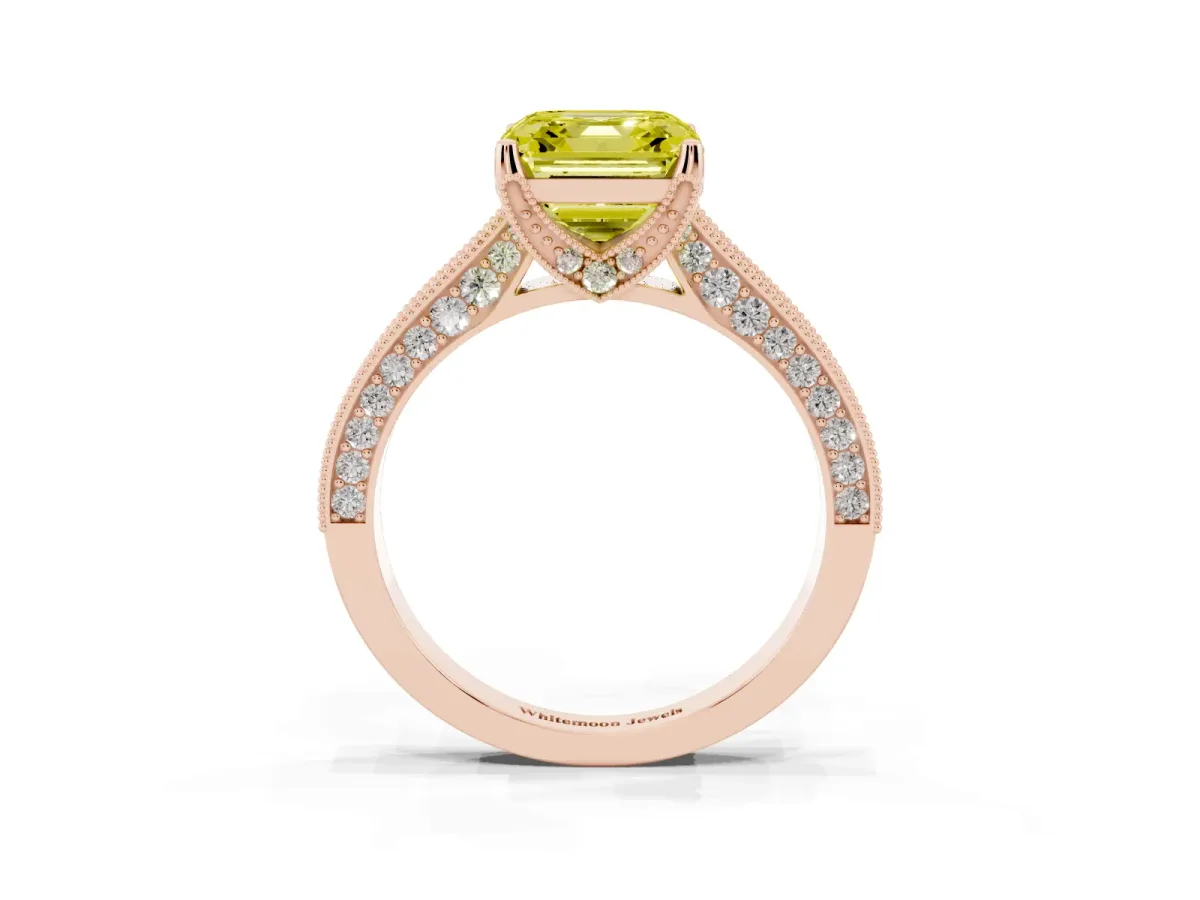 Fancy Yellow Asscher Cut Cut Diamond Solitaire Ring with Milgrain Pave Band and Four Prong Setting Rose gold