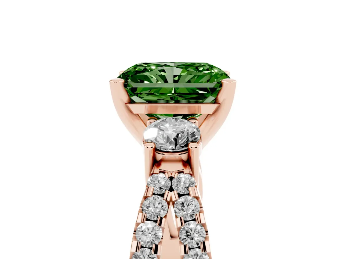 Fancy Green Radiant Cut Diamond Three-Stone Ring with Pavé Split Shank and Four-Prong Setting Rose gold