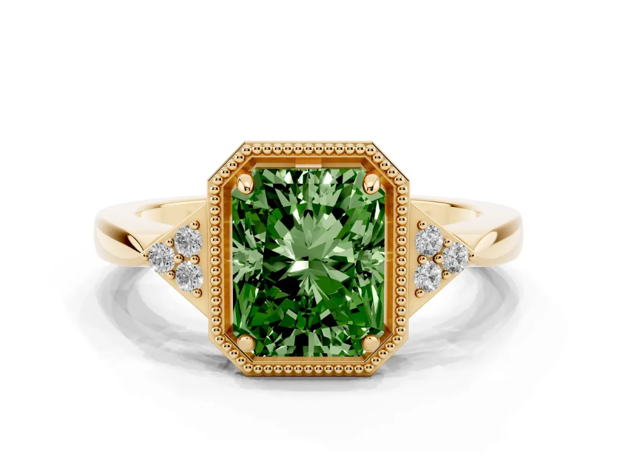 Fancy Green Hexagonal Halo Radiant Cut Diamond Solitaire with Pavé Band and Four-Prong Setting Yellow gold