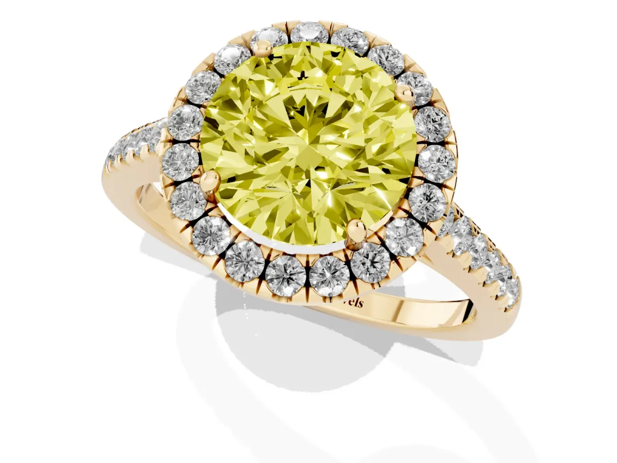 Fancy Yellow Round Cut Halo Pave Diamond Engagement Ring with Four-Prong Setting Yellow gold