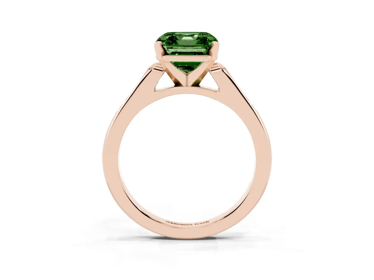Fancy Green Asscher Cut Diamond Solitaire Ring with Channel Set Round Band and Prong Setting Rose gold