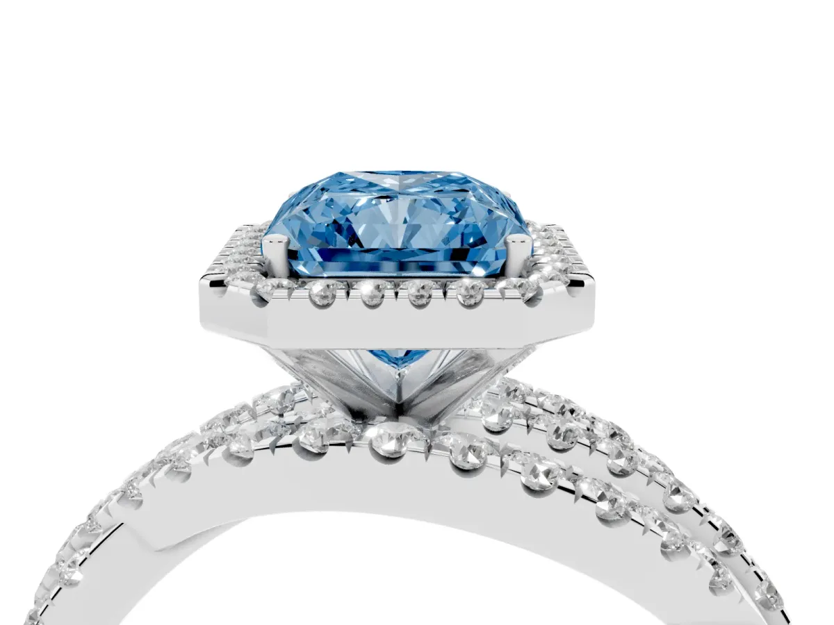 Fancy Blue Radiant Cut Diamond Halo Ring with Round Split Shank and Prong Setting Platinum