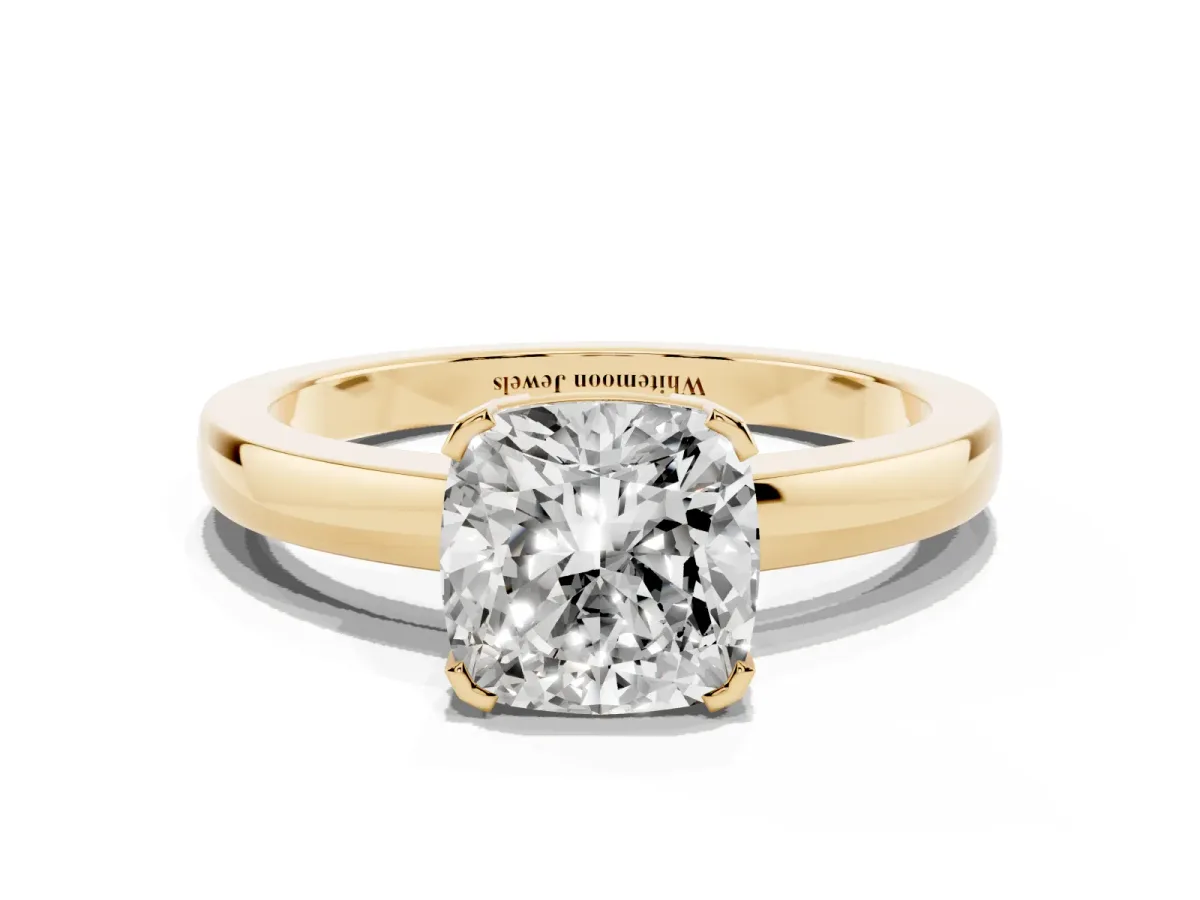 Cushion Cut Cut Solitaire Ring with Four-Prong Setting and Classic Band Yellow gold