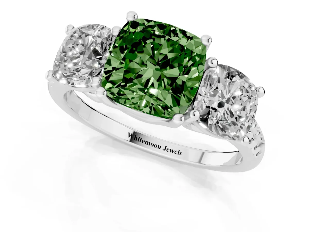 Fancy Green Three-Stone Cushion Cut Diamond Ring with Round Pavé Band and Prong Setting Silver