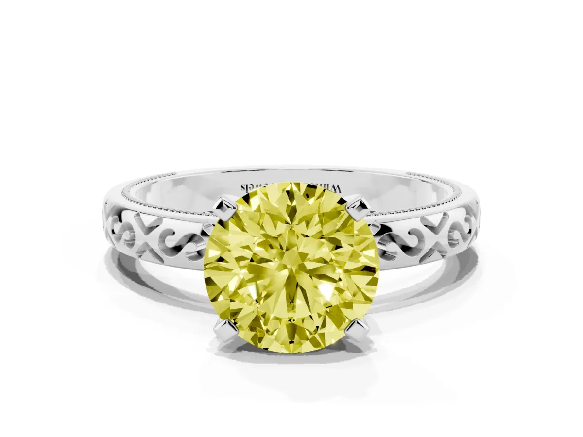 Fancy Yellow Round Cut Solitaire Engagement Ring with Scrollwork Band and Four-Prong Setting Silver