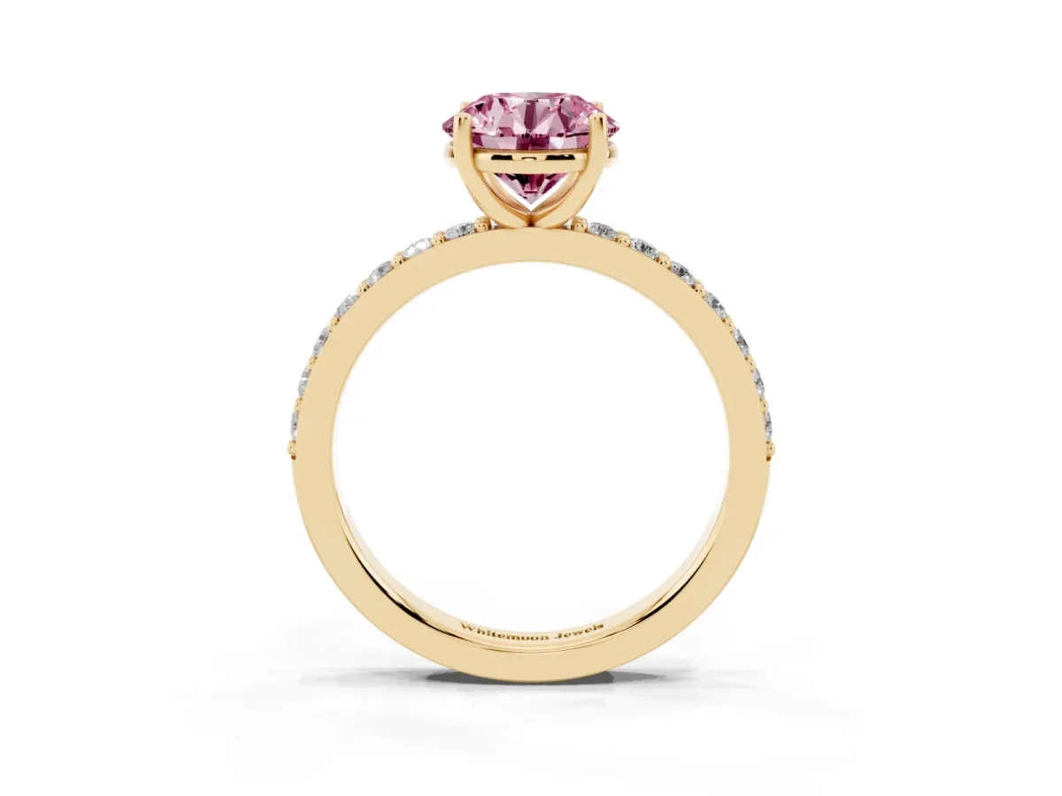 Fancy Pink Round Cut Cut Diamond Solitaire with Pave Band and Four-Prong Setting Yellow gold
