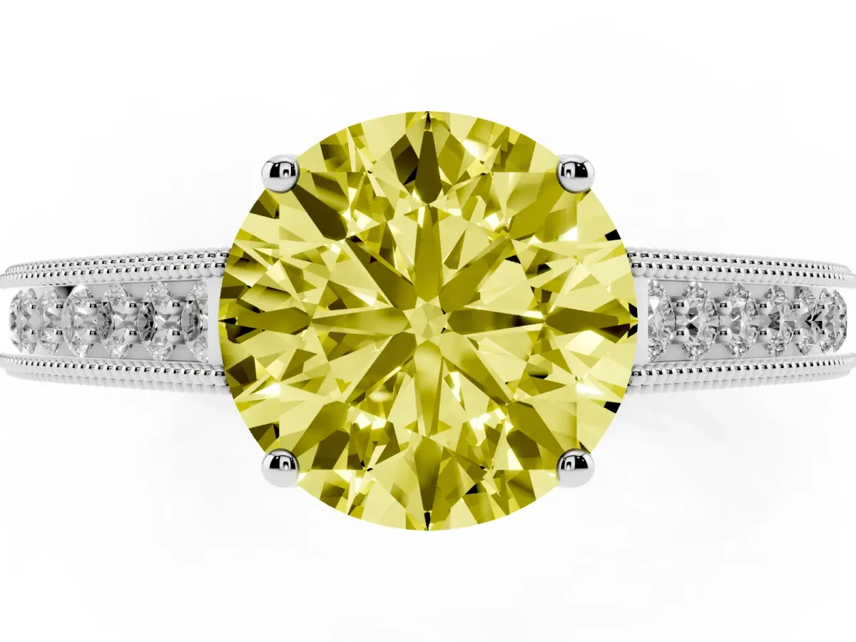 Fancy Yellow Round Cut Cut Pave Band Milgrain Solitaire Ring White gold