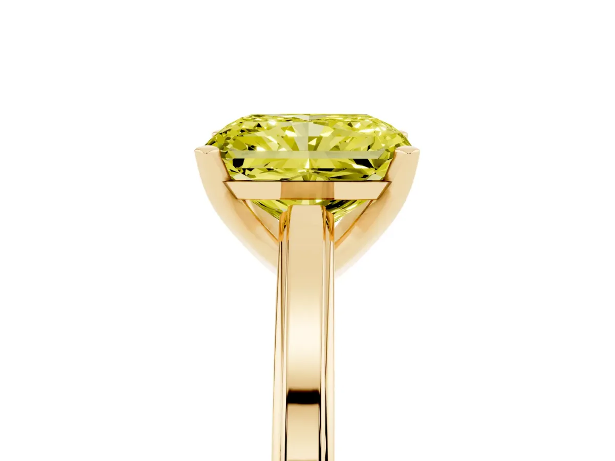 Fancy Yellow Radiant Cut Solitaire Diamond Ring with Four-Prong Setting and Classic Band Yellow gold
