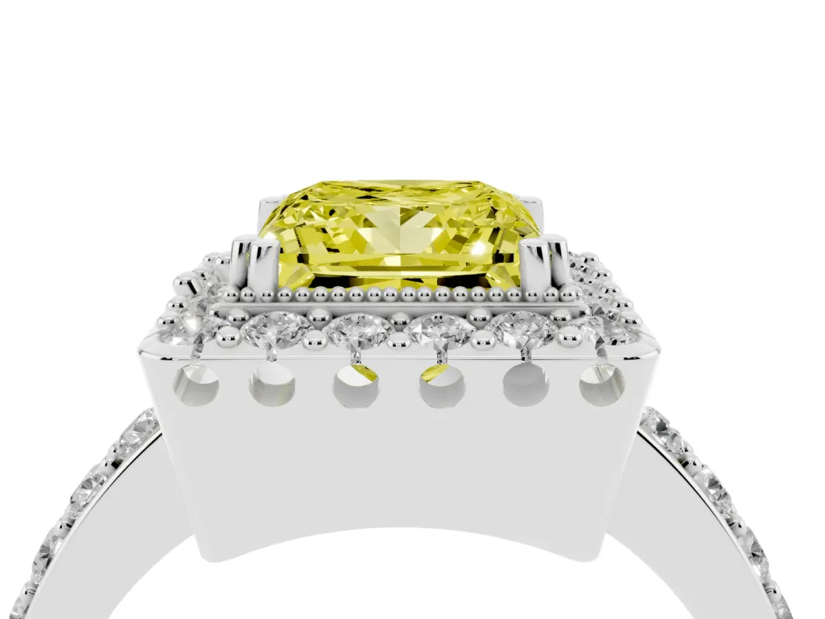 Fancy Yellow Princess Cut Diamond Halo Ring with Pavé Band and Prong Setting Silver
