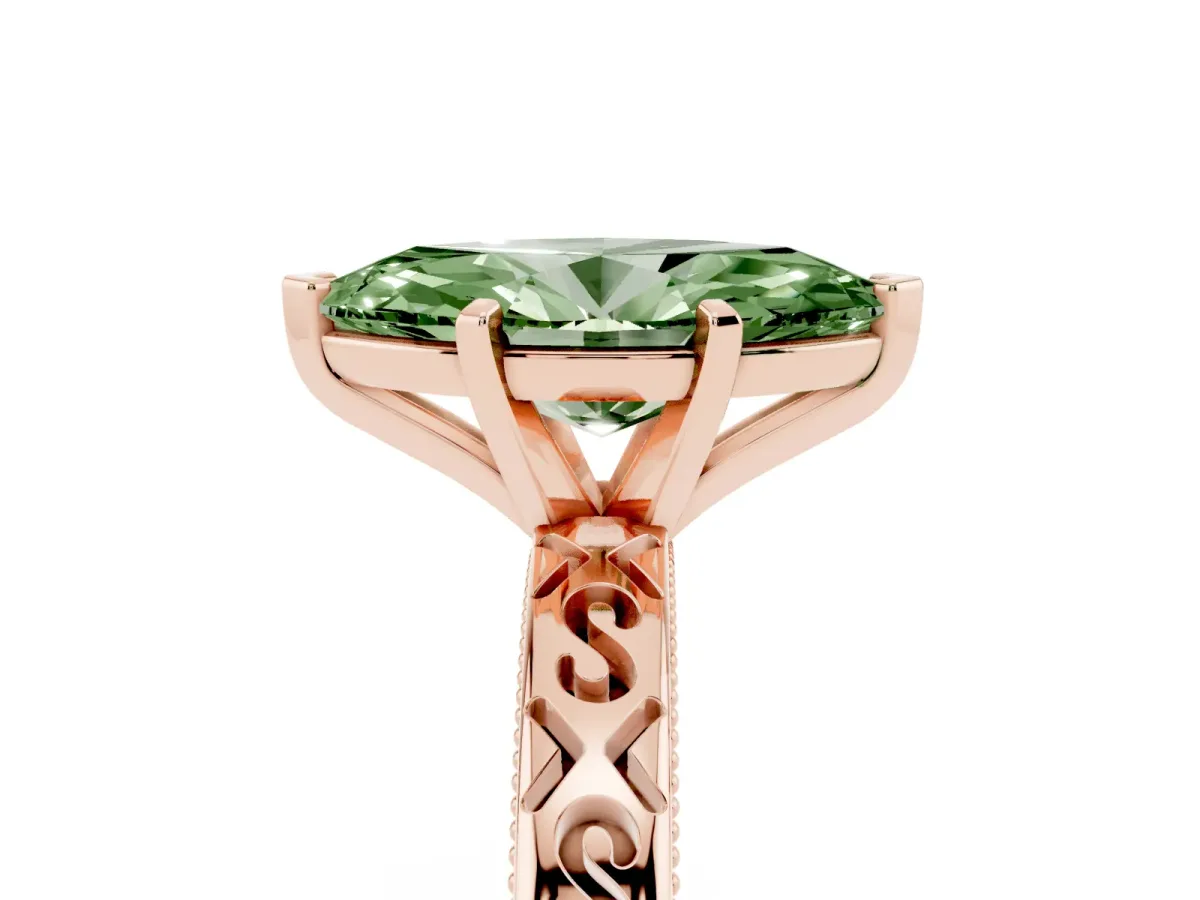 Fancy Green Marquise Cut Solitaire Engagement Ring with Scrollwork Band and Four-Prong Setting Rose gold