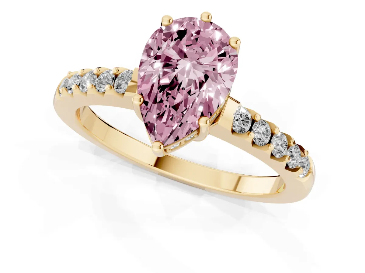 Fancy Pink Pear Cut Solitaire Diamond Engagement Ring with Pavé Band and Six-Prong Setting Yellow gold