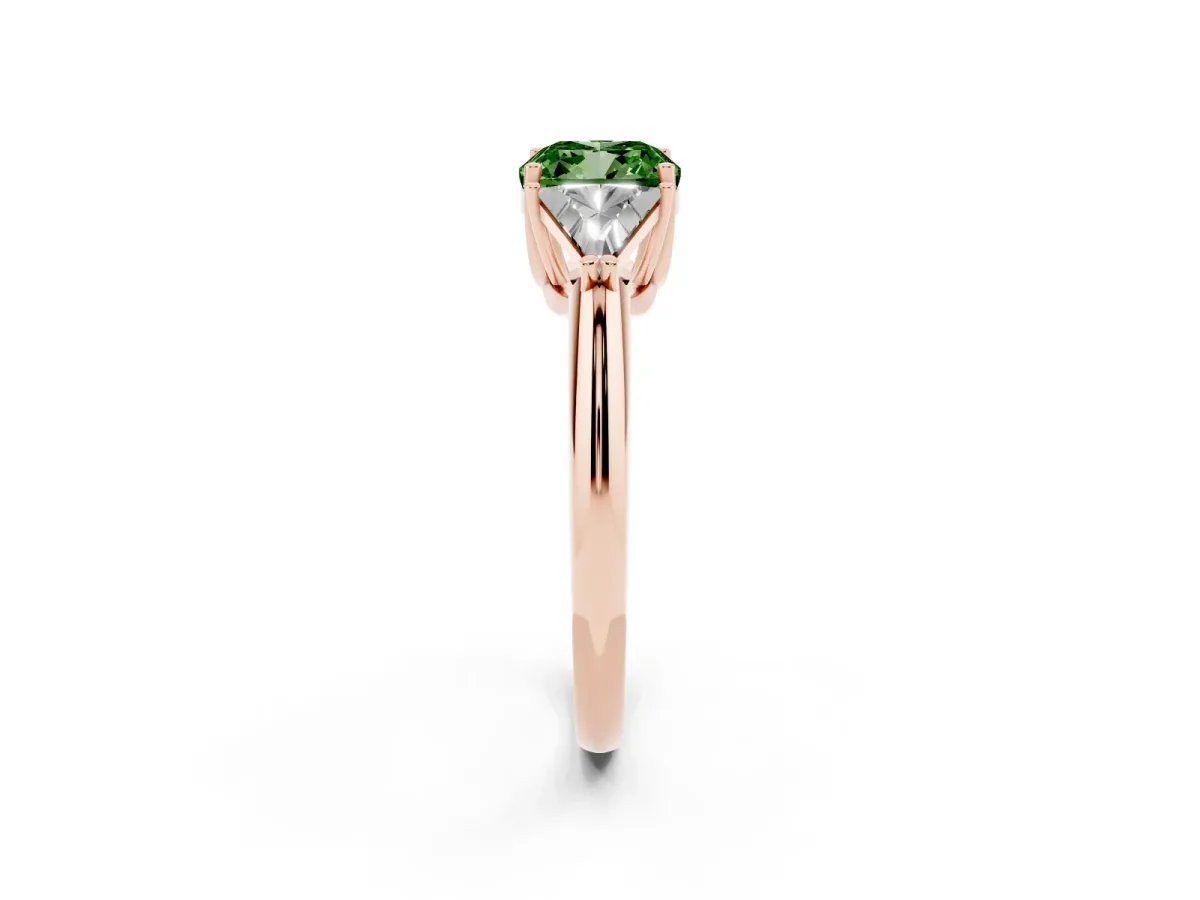 Fancy Green Three-Stone Cushion Cut Diamond Engagement Ring with Trillion Side Stones and Prong Setting Rose gold