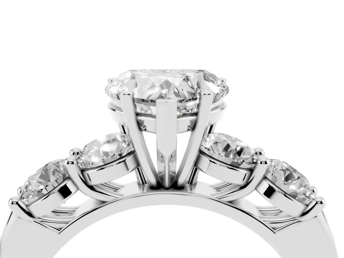 Heart Cut Cut Five-Stone Prong Set Diamond Ring with Classic Band Platinum