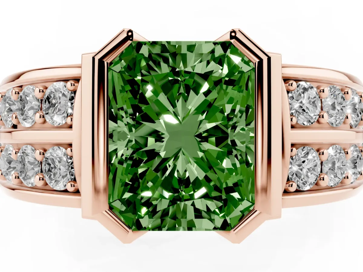 Fancy Green Radiant Cut Brilliant Diamond Channel Set Wide Band Ring with Bezel Setting Rose gold