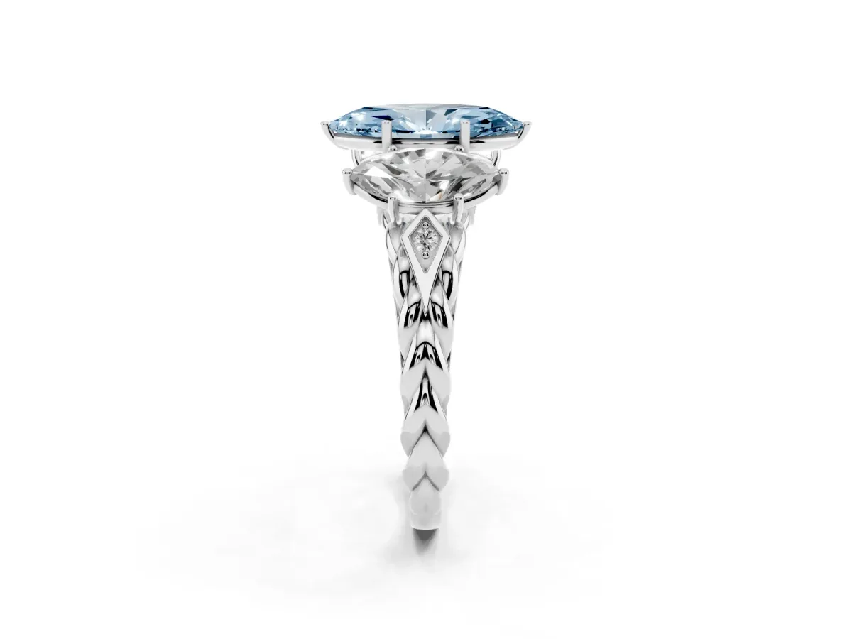 Fancy Blue Three-Stone Marquise Cut Diamond Braided Band Ring with Four-Prong Setting Platinum