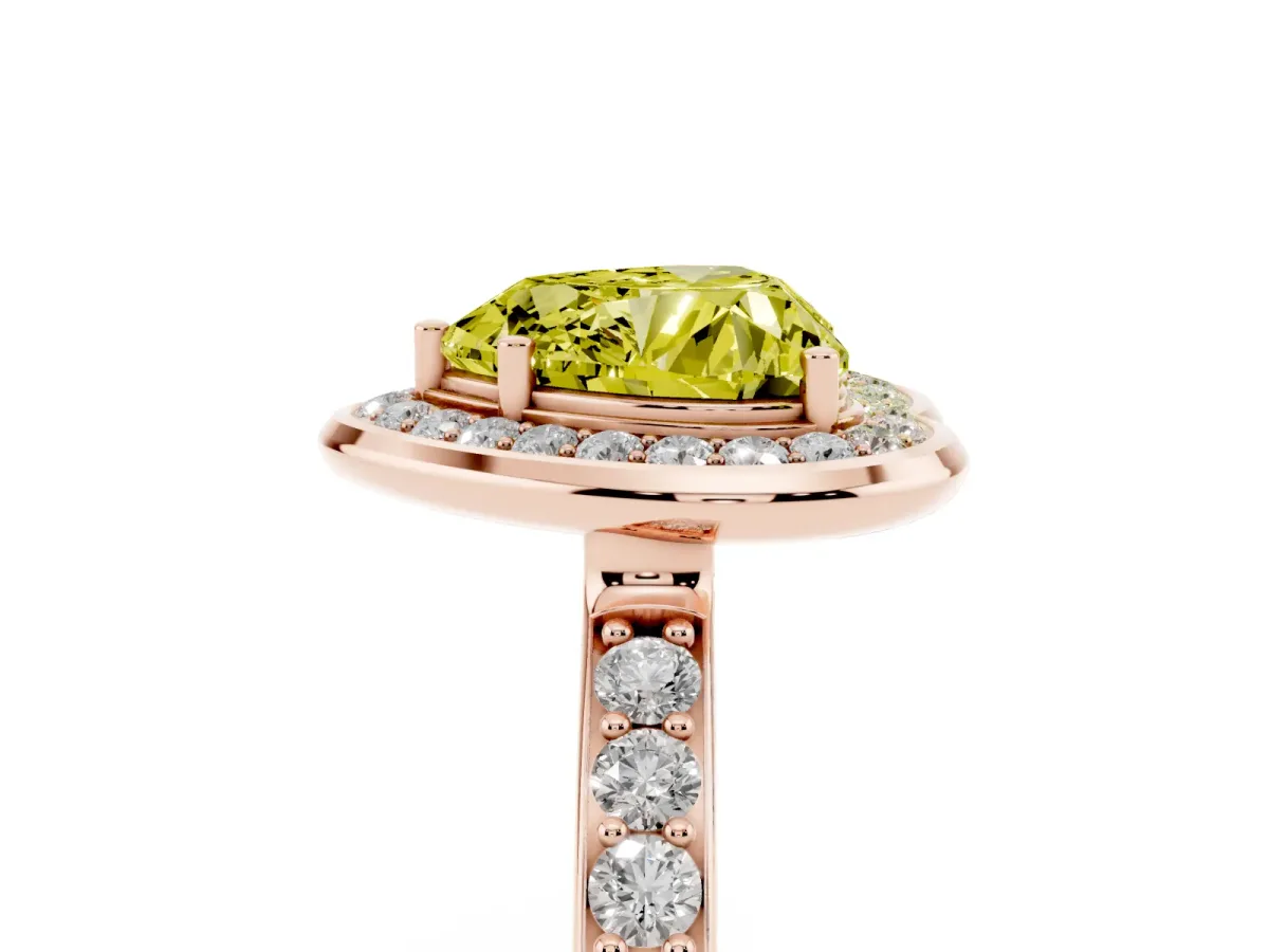 Fancy Yellow Heart Cut Diamond Halo Ring with Bezel Frame and Pavé Band Rose gold